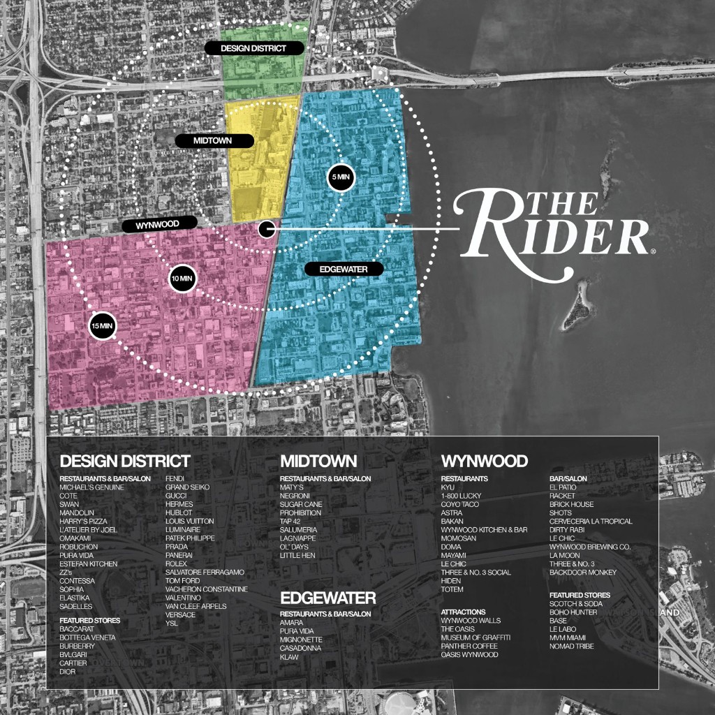 The Rider konum — Wynwood, Midtown, Design District, Edgewater mahalleleri ve 5/10/15 dakika mesafeler
